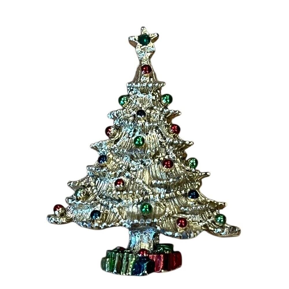 Vtg Steven Marc Christmas Tree Gold Tone Brooch Pin 2” 1980s Presents Holiday
